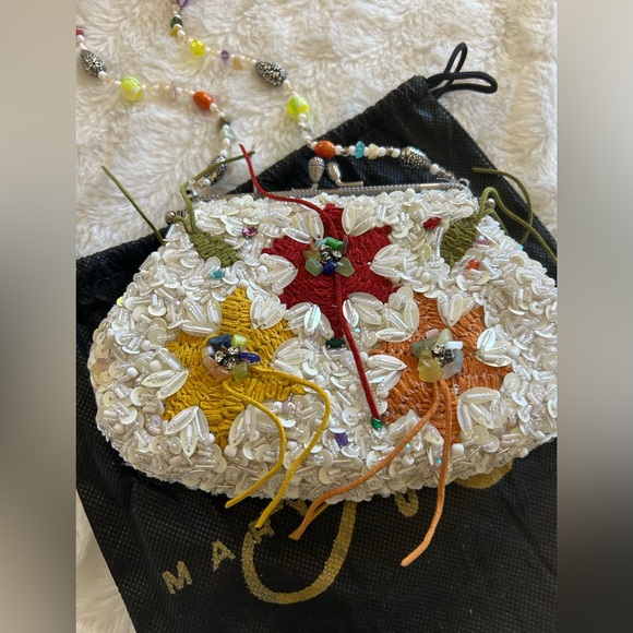 Mary Frances Small White Beaded With Sequins And Leather Bag - Picture 3 of 10